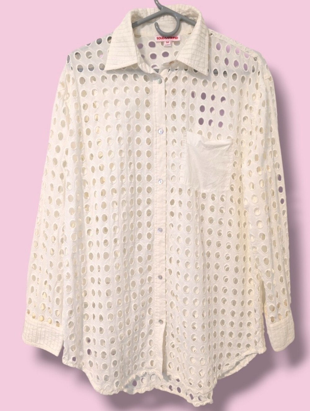 Solid & Striped White Cotton Long Sleeve Collared Button-Up Eyelet Oxford Tunic